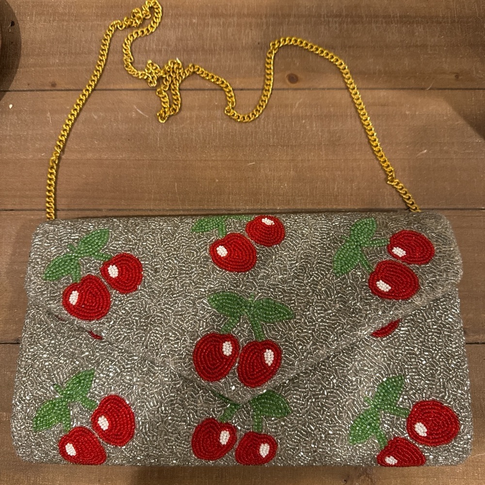 Cherry Embellished Silver Clutch